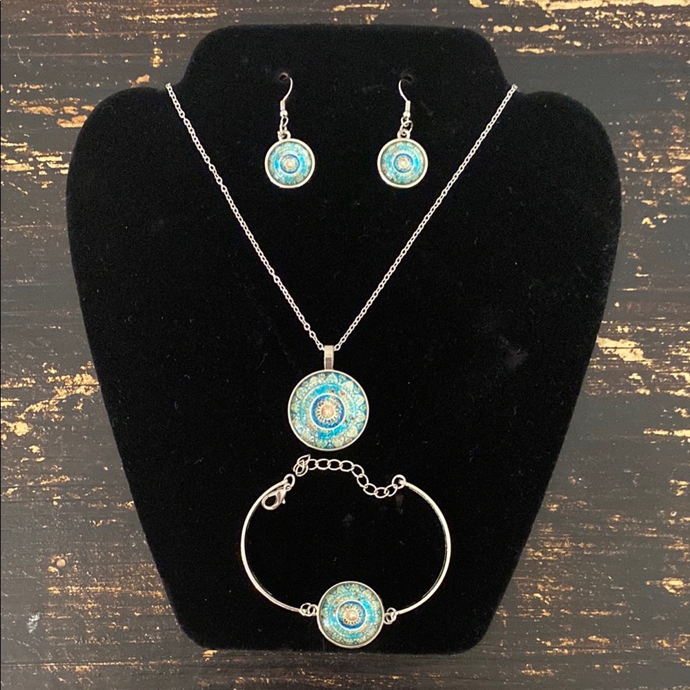 Mandala Jewelry Set with Necklace, Earrings, and Bracelet